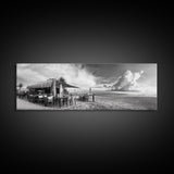 Seaside Bar, Beach Café, Oceanfront Dining, Cloudy Sky, Framed Canvas Print, Kitchen Wall Art, Black and White Tropical Art, Travel Decor