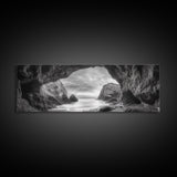 Sea Cave View, Coastal Rock Art, Monochrome Seascape, Framed Canvas Print, Bathroom Wall Art, Nature Photography, Moody Ocean Decor