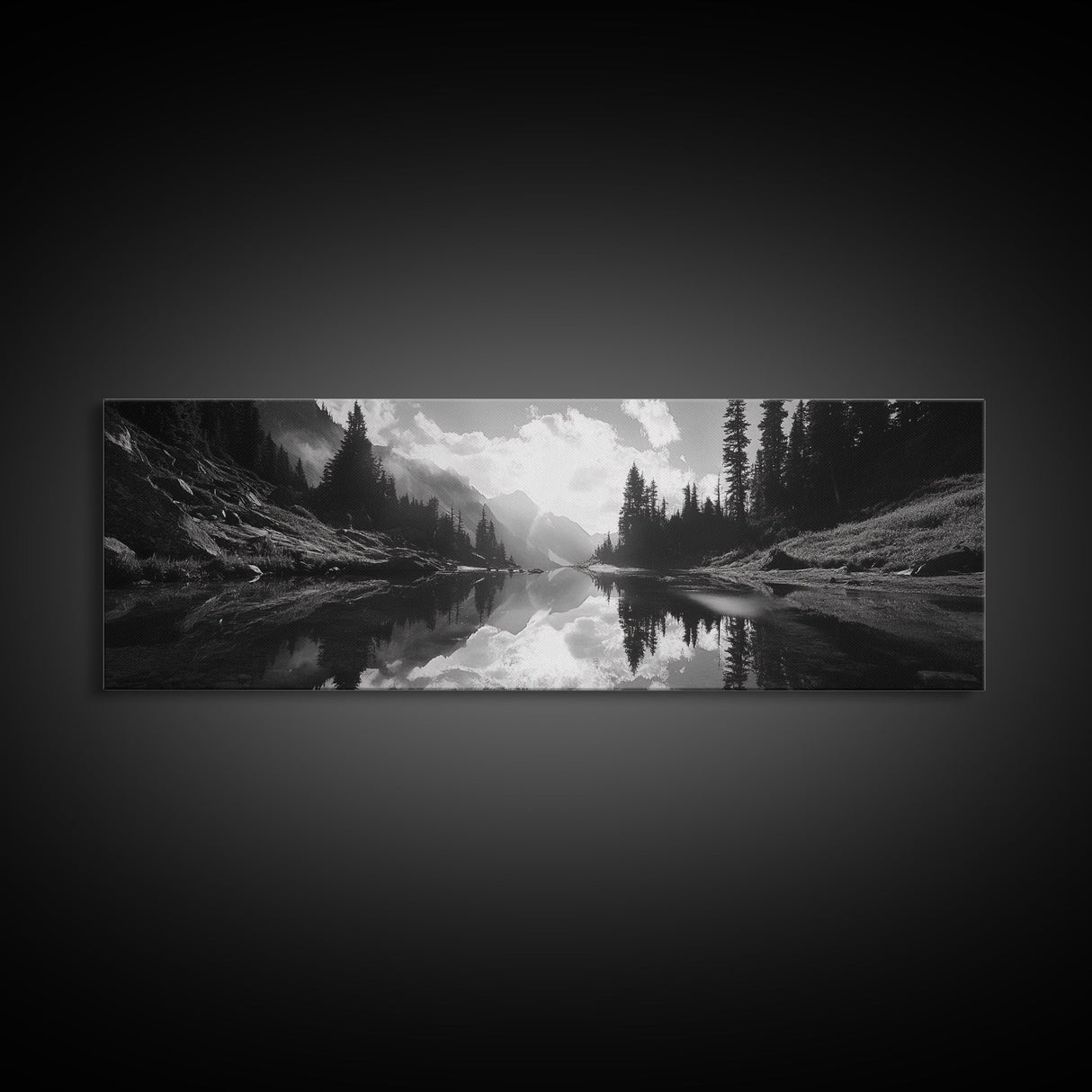 Alpine Lake Scene, Black and White Forest, Serene Mountain Print, Framed Canvas Print, Rustic Wall Art, Cabin Living Room Decor