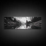 Alpine Lake Scene, Black and White Forest, Serene Mountain Print, Framed Canvas Print, Rustic Wall Art, Cabin Living Room Decor