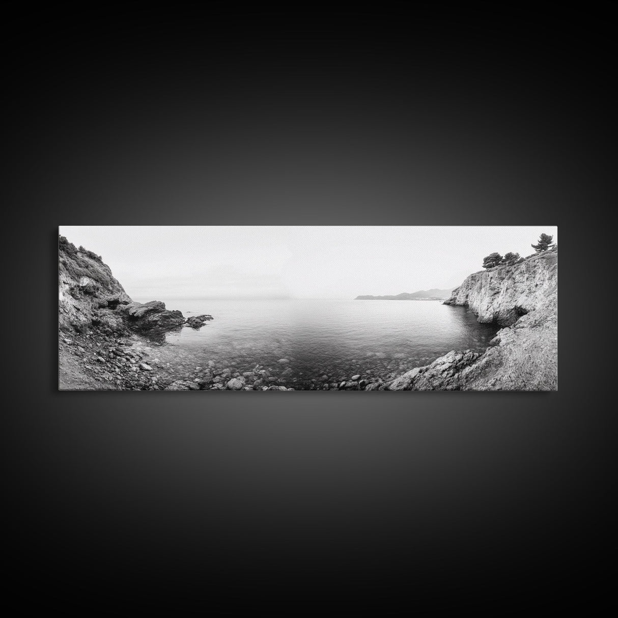Rocky Coastline, Minimalist Seascape, Black and White Shoreline, Framed Canvas Print, Coastal Wall Art, Bathroom or Hallway Decor