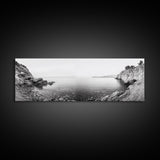 Rocky Coastline, Minimalist Seascape, Black and White Shoreline, Framed Canvas Print, Coastal Wall Art, Bathroom or Hallway Decor