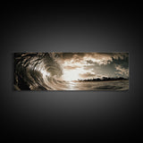 Ocean Wave Curl, Coastal Sunset, Seaside Wall Art, Framed Canvas Print, Surfer Vibes, Modern Beach Decor, Living Room Statement Piece