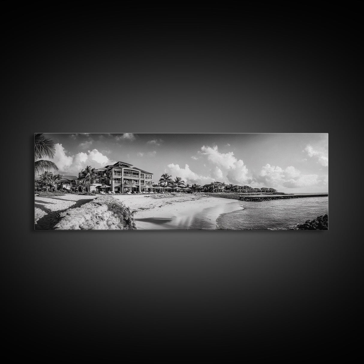 Beach Resort, Tropical Luxury, Oceanfront Hotel Art, Framed Canvas Print, Vacation Vibes, Bedroom Wall Art, Monochrome Decor
