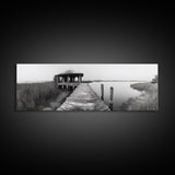Abandoned Pier, Lakeside Shack, Black and White Marsh, Framed Canvas Print, Rustic Entryway Art, Minimalist Coastal Cabin Decor