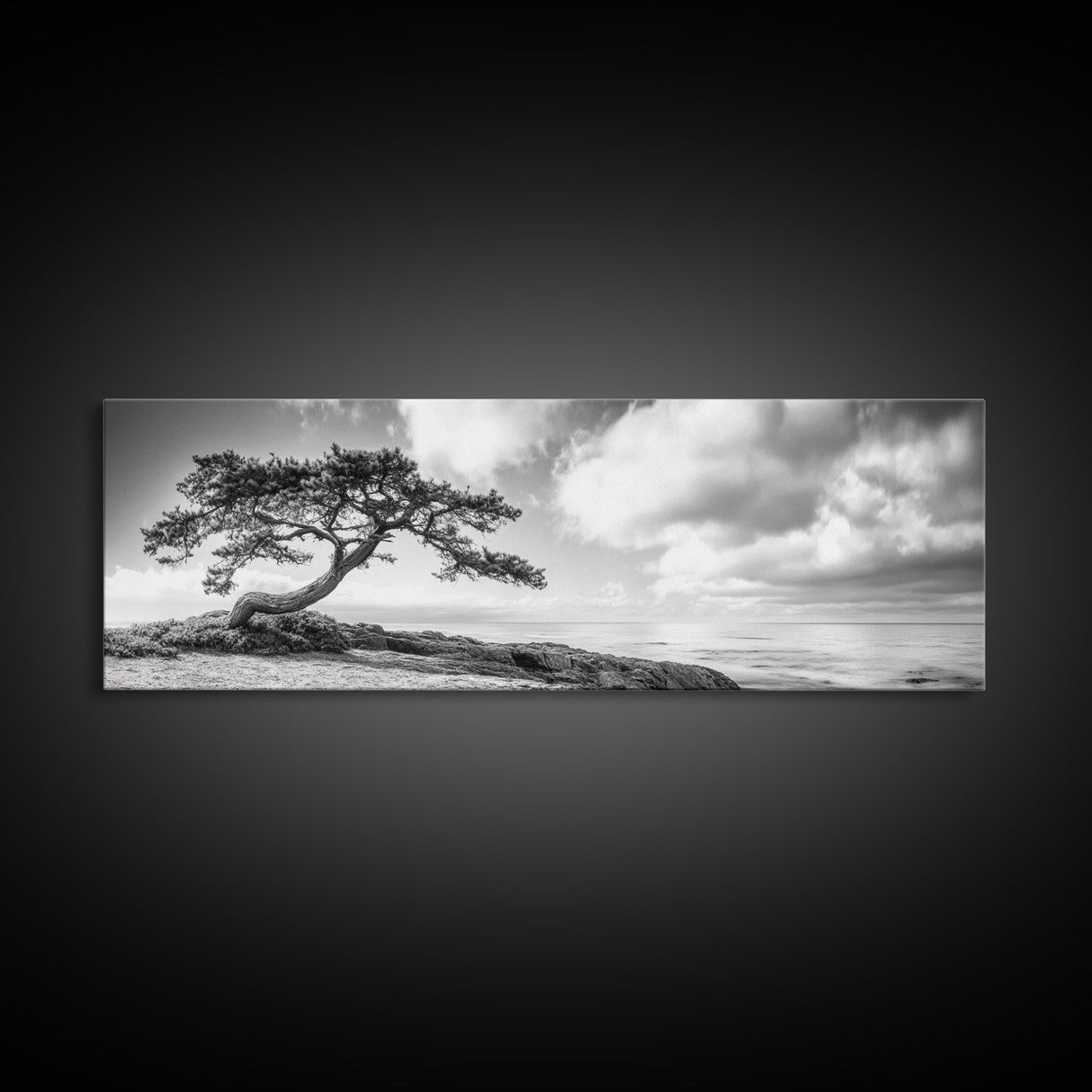 Windswept Tree, Coastal Nature, Ocean Cliff View, Framed Canvas Print, Zen Wall Art, Minimalist Decor, Calm Living Room Accent
