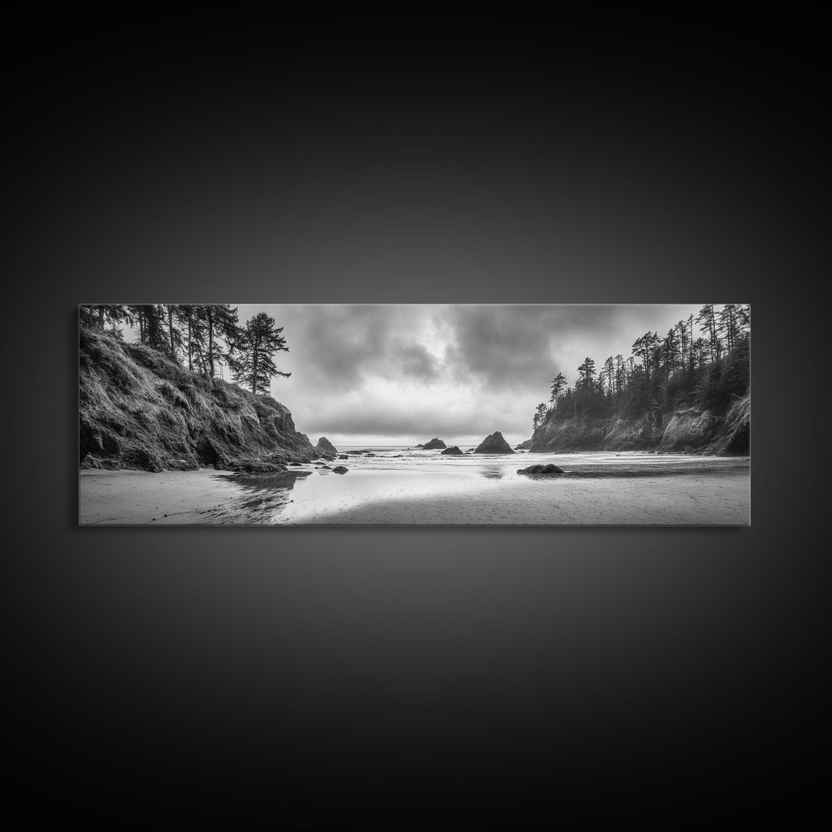 Misty Coastline, Dramatic Shore, Moody Ocean Scene, Framed Canvas Print, Coastal Living Room Art, Black and White Nature Decor