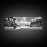 Misty Coastline, Dramatic Shore, Moody Ocean Scene, Framed Canvas Print, Coastal Living Room Art, Black and White Nature Decor