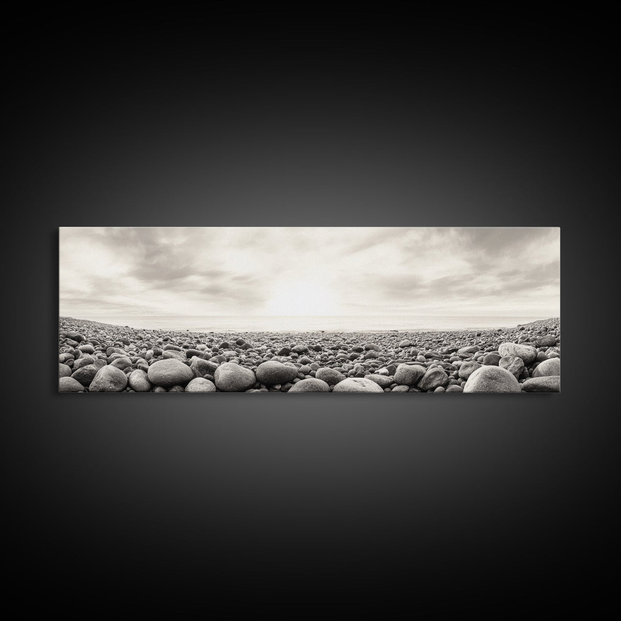 Pebble Shoreline, Soft Horizon, Beach Sunrise, Calm Coastal Decor, Framed Canvas Print, Neutral Tones, Bedroom Wall Art, Nature Minimalism