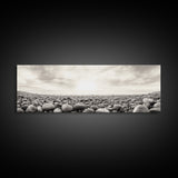 Pebble Shoreline, Soft Horizon, Beach Sunrise, Calm Coastal Decor, Framed Canvas Print, Neutral Tones, Bedroom Wall Art, Nature Minimalism