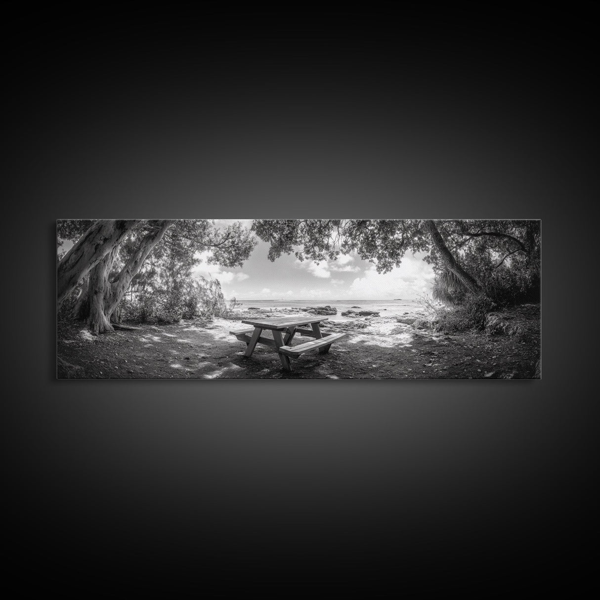 Secluded Picnic Spot, Ocean View, Tranquil Escape, Nature Sanctuary Art, Framed Canvas Print, Kitchen Wall Decor, Coastal Forest Vibe