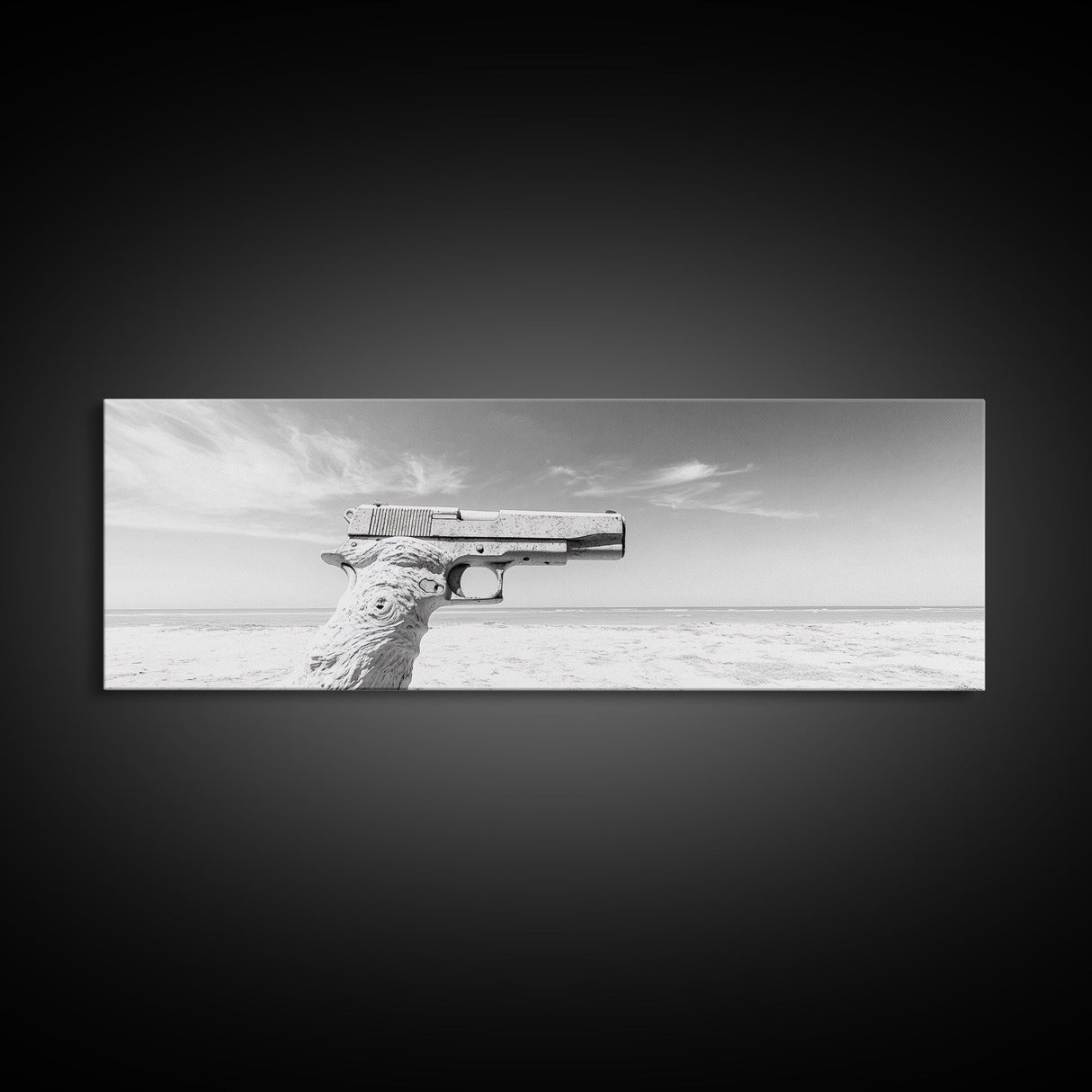 Desert Gun, Driftwood Grip, Coastal Surreal, Canvas Print, Minimalist Wall Art, Western Decor, Modern Living Room Art, Black and White Photo