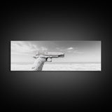 Desert Gun, Driftwood Grip, Coastal Surreal, Canvas Print, Minimalist Wall Art, Western Decor, Modern Living Room Art, Black and White Photo
