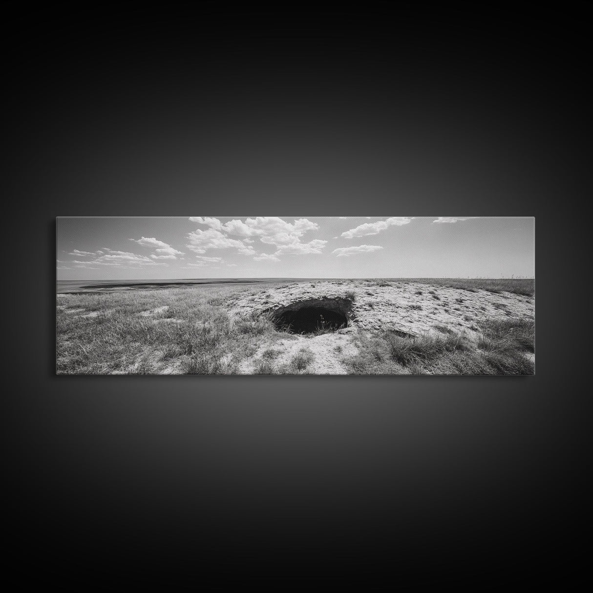 Prairie Cave, Windy Plains, Nature Escape, Canvas Print, Rustic Wall Art, Earthy Decor, Bedroom Accent, Black and White Landscape