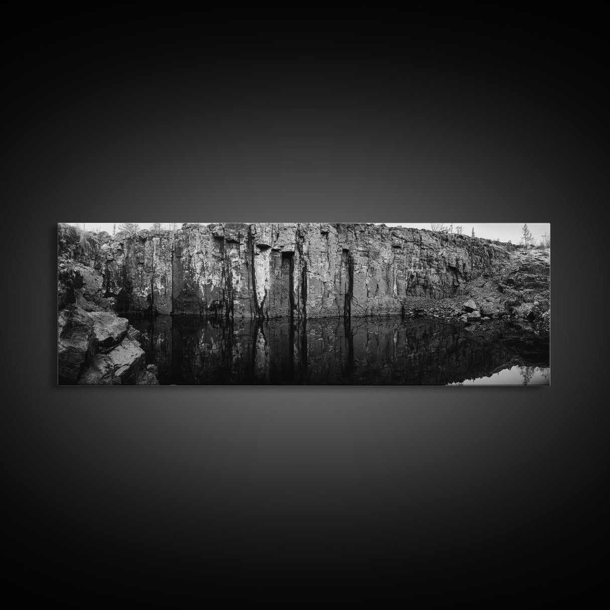 Quarry Wall, Rocky Cliff, Natural Reflection, Still Water, Framed Canvas Print, Industrial Wall Art, Man Cave Decor, Rustic Landscape Art