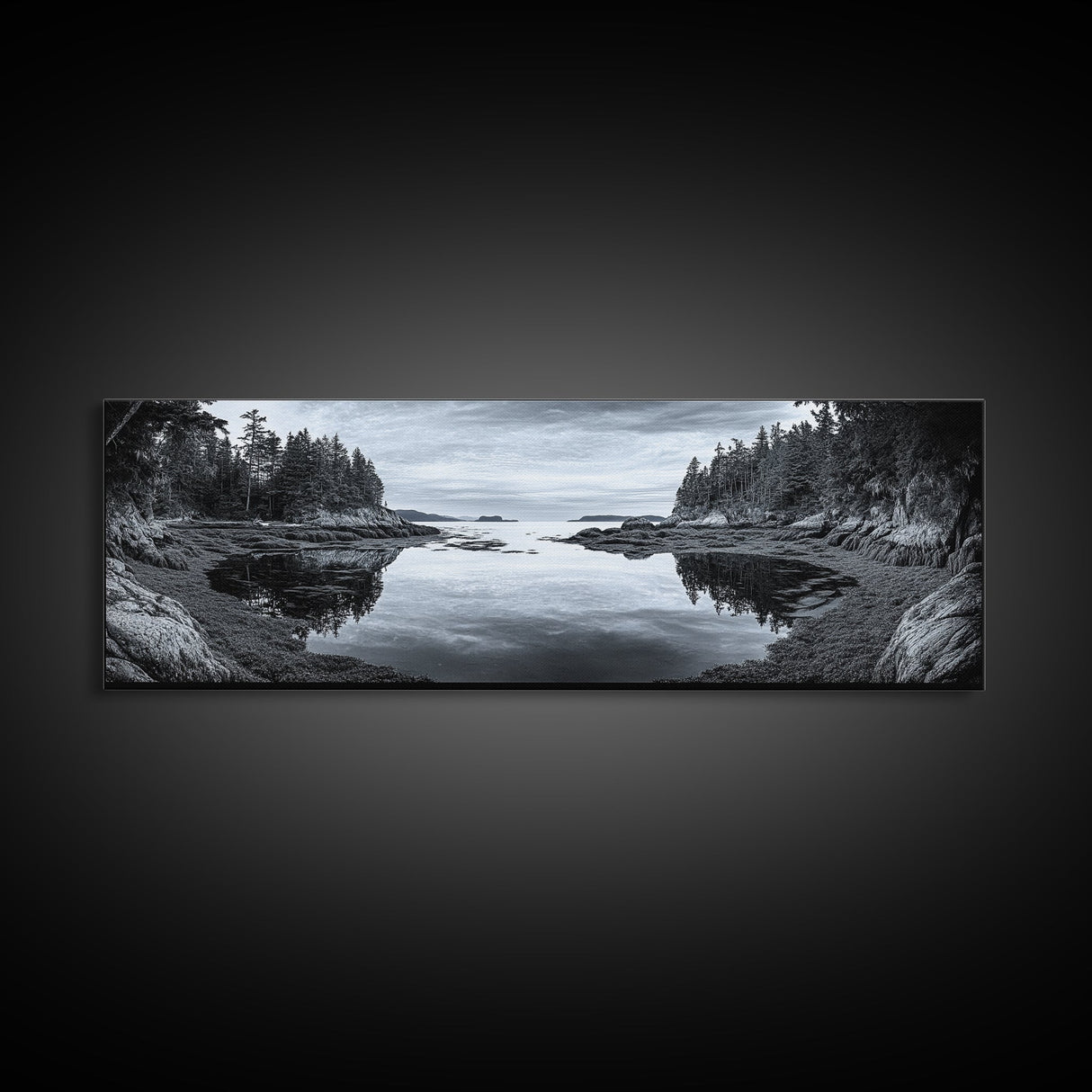 Forest Inlet, Calm Waters, Rocky Shore, Framed Canvas Print, Pacific Northwest Wall Art, Neutral Decor, Nature Photography, Rustic Vibes