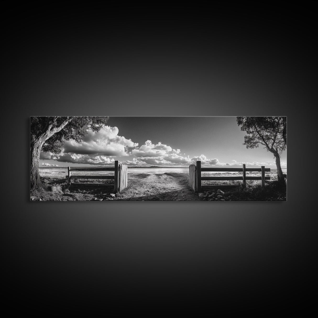 Wooden Fence, Open Field, Cloud Horizon, Framed Canvas Print, Country Landscape Photography, Entryway Wall Art, Farmhouse Autumn Decor
