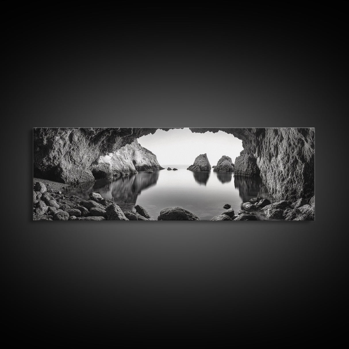 Sea Cave View, Ocean Reflections, Nature Escape, Framed Canvas Print, Beach House Wall Art, Zen Decor, Black and White Coastal Style