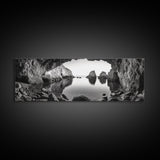 Sea Cave View, Ocean Reflections, Nature Escape, Framed Canvas Print, Beach House Wall Art, Zen Decor, Black and White Coastal Style