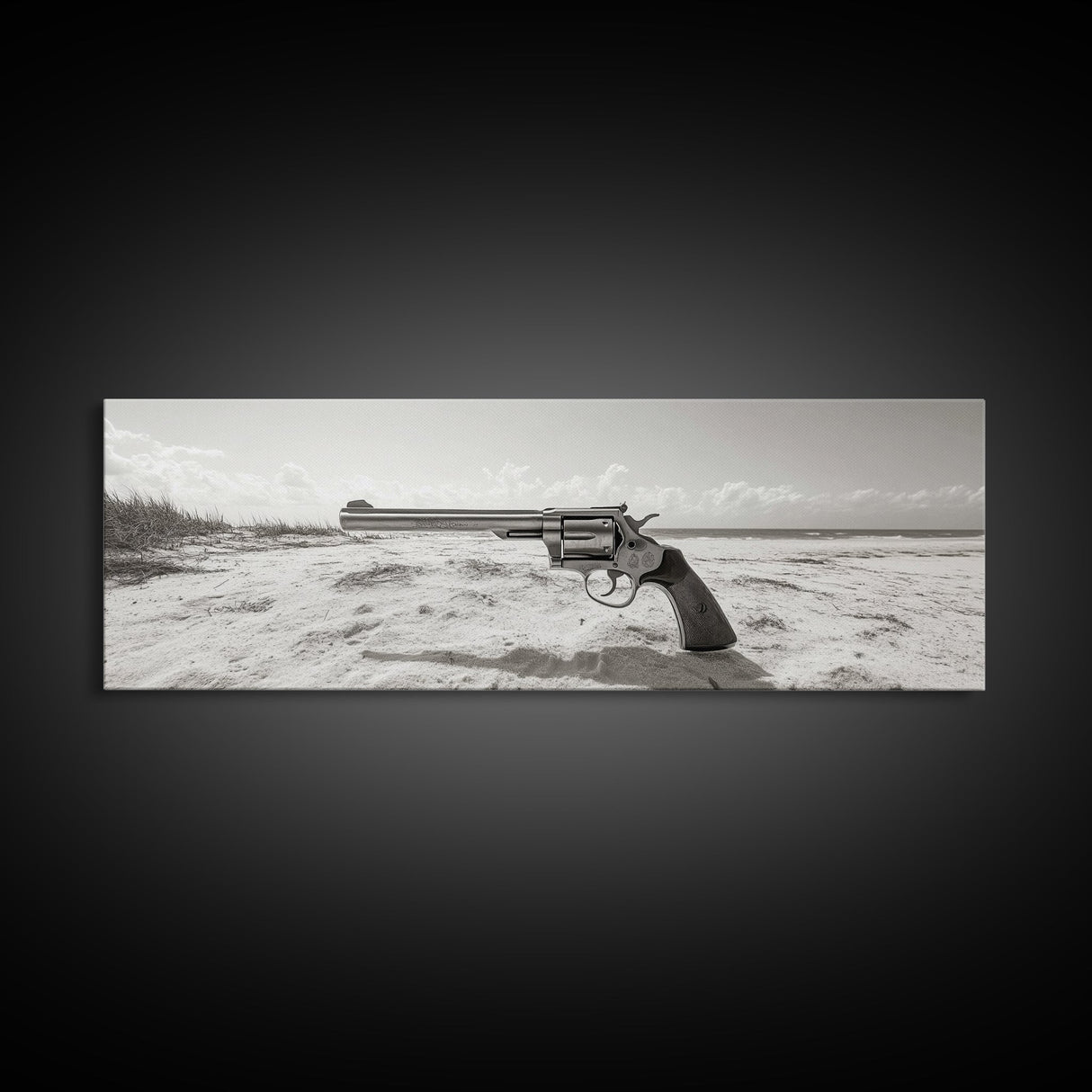 Revolver On Beach, Western Vibes, Americana Style, Framed Canvas Print, Man Cave Wall Art, Bold Statement Decor, Coastal Contrast