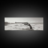 Revolver On Beach, Western Vibes, Americana Style, Framed Canvas Print, Man Cave Wall Art, Bold Statement Decor, Coastal Contrast