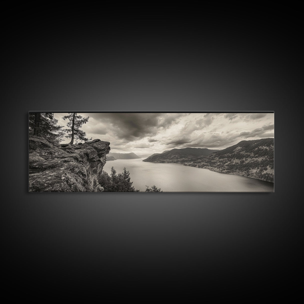 River Cliff View, Forested Mountains, Timeless Horizon, Framed Canvas Print, Living Room Wall Art, Cabin Rustic Decor, Moody Nature Art