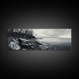 Misty Coast, Rocky Shore, Moody Seascape, Framed Canvas Print, Coastal Wall Art, Nature Photography, Rustic Bedroom Decor, Cabin Style