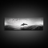 Ocean Dolphin Jump, Seascape Art, Black White Photography, Coastal Wall Decor, Canvas Print, Minimalist Bathroom Wall Art, Nautical Style