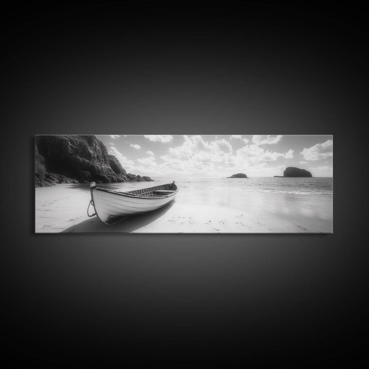 Rowboat, Sandy Cove, Island View, Canvas Print, Coastal Photography, Minimalist Beach Decor, Serene Bathroom or Bedroom Wall Art