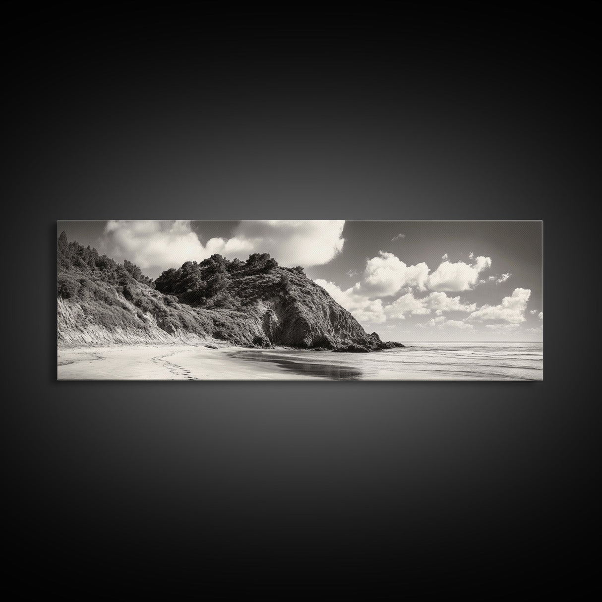Seaside Cliff, Pine Hills, Sandy Beach, Canvas Print, Coastal Landscape Art, Modern Nature Decor, Beach House Living Room Style