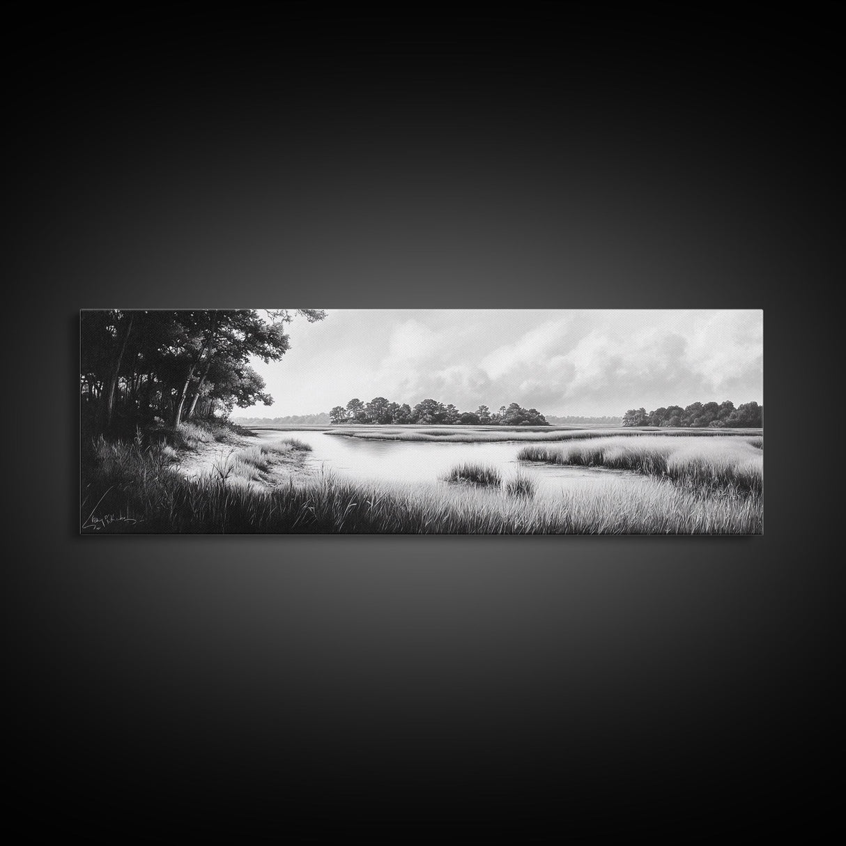 Marsh Scene, Grassy Shore, Tree Lined Path, Canvas Print, Nature Landscape Art, Rustic Cabin Decor, Peaceful Living Room Style
