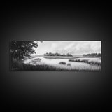 Marsh Scene, Grassy Shore, Tree Lined Path, Canvas Print, Nature Landscape Art, Rustic Cabin Decor, Peaceful Living Room Style