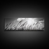 Windy Grass Field, Sunlit Sky, Nature Movement, Prairie Glow, Framed Canvas Print, Fall Wall Art, Living Room Decor, Boho Rustic Aesthetic