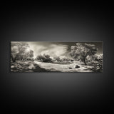 Sunlit Forest Meadow, Golden Light Trees, Canvas Print, Living Room Wall Art, Autumn Nature Decor, Rustic Neutral Wall Art