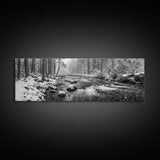 River Stream, Snow Forest, Winter Tranquility, Canvas Print, cozy cabin art, hygge home decor, Christmas wall art, woodland minimalist art