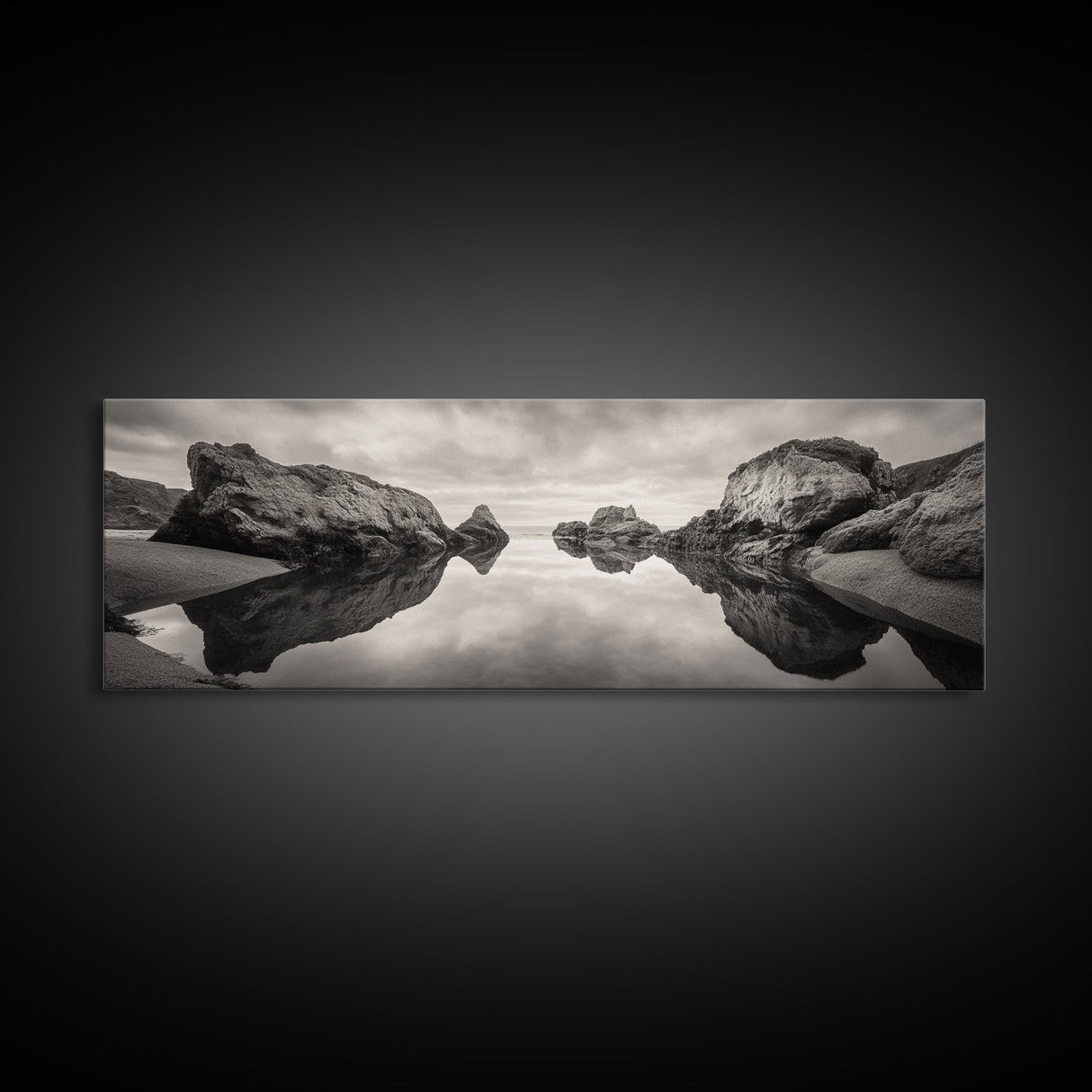 Rock Reflection, Coastal Tranquility, Nature Mirror, Framed Canvas Print, black and white coastal art, zen bathroom decor, moody ocean wall art