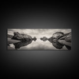 Rock Reflection, Coastal Tranquility, Nature Mirror, Framed Canvas Print, black and white coastal art, zen bathroom decor, moody ocean wall art