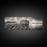 Island Shoreline, Rocky Coast View, Monochrome Nature, Framed Canvas Print, coastal kitchen decor, moody mountain beach wall art