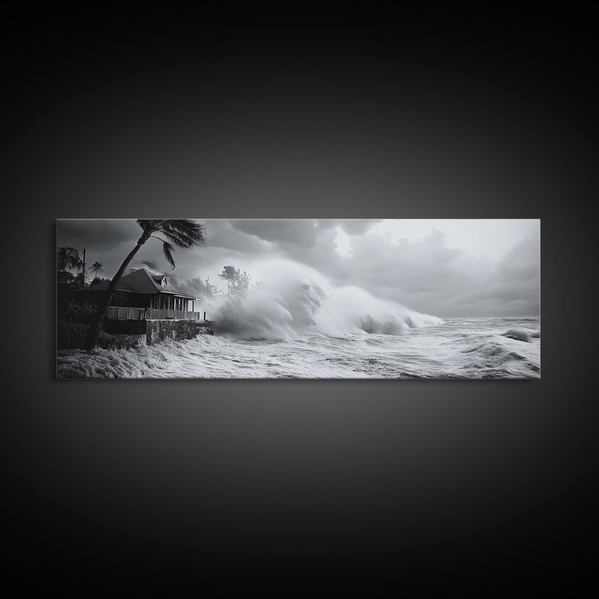 Stormy Waves, Ocean Fury, Tropical Housefront, Canvas Print, dramatic coastal decor, fall storm wall art, modern living room statement