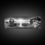 Seaside Sunrise, Rocky Beach Calm, Coastal Light, Canvas Print, peaceful ocean decor, minimalist sunrise wall art, zen meditation space