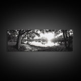 River Sunset, Mossy Trees, Tranquil Reflection, Framed Canvas Print, southern forest wall art, peaceful living room decor, rustic boho vibe