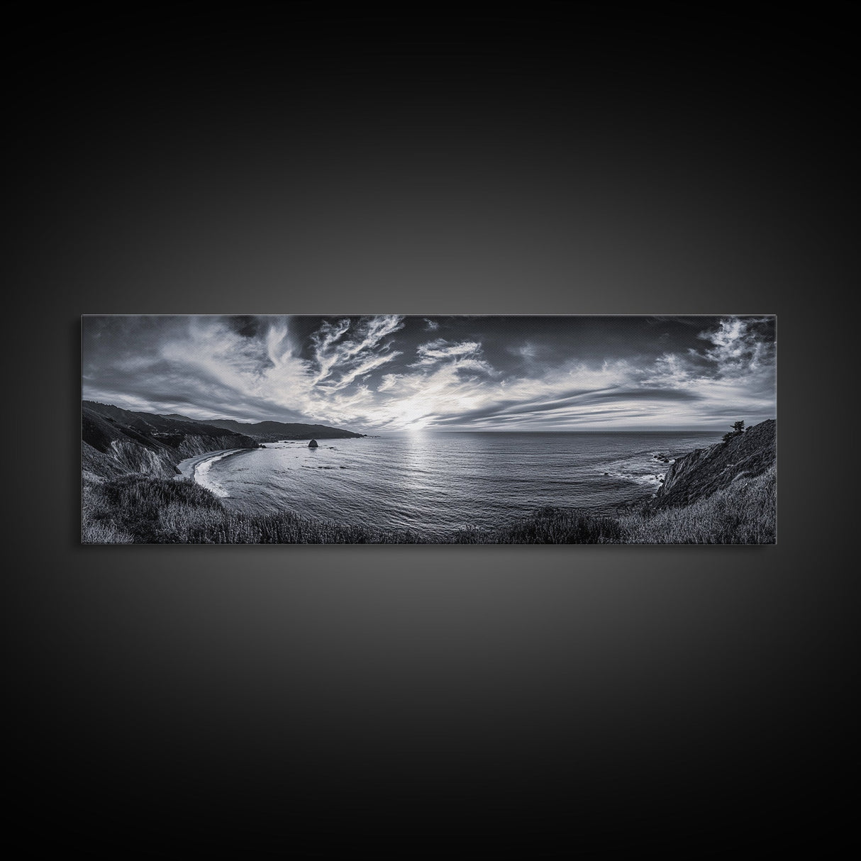 Cloudy Horizon, Wide Ocean View, Coastal Cliffs, Framed Canvas Print, dramatic seascape wall art, coastal kitchen decor, black and white