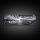 Cloudy Horizon, Wide Ocean View, Coastal Cliffs, Framed Canvas Print, dramatic seascape wall art, coastal kitchen decor, black and white