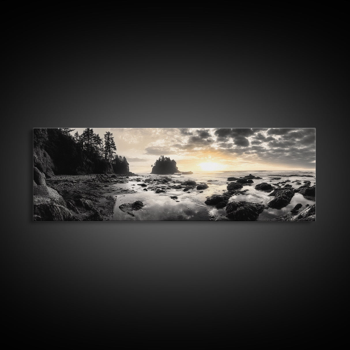 Sunset Shoreline, Moody Rocks, Forested Coast, Framed Canvas Print, nature lover gift, fall coastal art, rustic bathroom wall decor