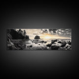Sunset Shoreline, Moody Rocks, Forested Coast, Framed Canvas Print, nature lover gift, fall coastal art, rustic bathroom wall decor