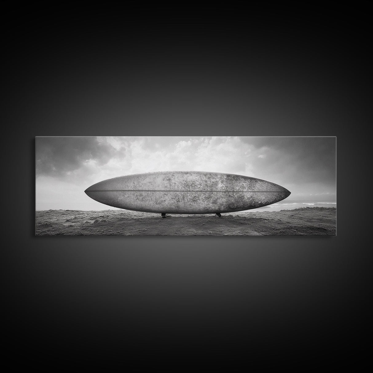 Surfboard Alone, Beach Sand, Cloudy Sky, Framed Canvas Print, minimalist surf art, coastal man cave decor, surf lover gift idea