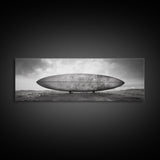Surfboard Alone, Beach Sand, Cloudy Sky, Framed Canvas Print, minimalist surf art, coastal man cave decor, surf lover gift idea
