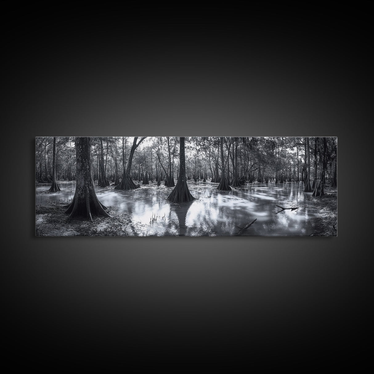 Swamp Roots, Cypress Trees, Flooded Forest, Framed Canvas Print, southern nature art, rustic lodge wall decor, moody woodland photography