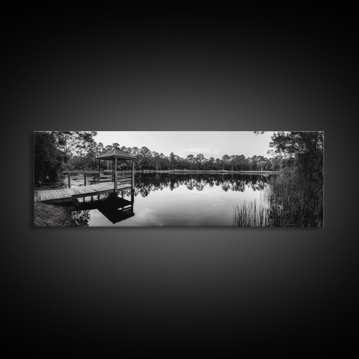 Still Lake Dock, Nature Reflections, Tranquil Scene, Canvas Print, Rustic Landscape Photography, Farmhouse Wall Art, Entryway Decor