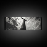 Utility Pole Sky, Urban Minimalism, Power Lines, Framed Canvas Print, Industrial Wall Art, Office Decor, Monochrome Photography